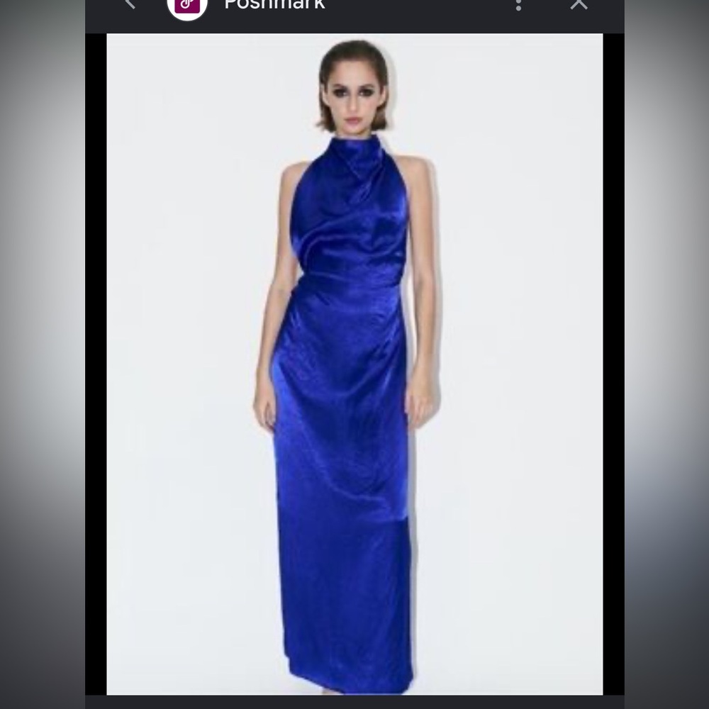 Zara Cobalt Blue Backless Satin Maxi Dress